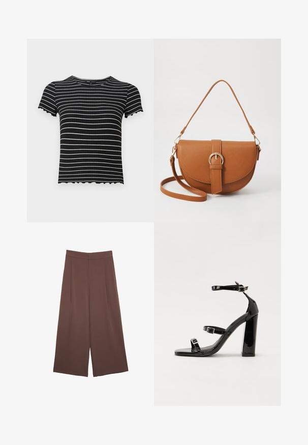 Crni rebrasti kratki rukav top s bijelim horizontalnim prugama. Detalji s valovitim rubovima na manžetama i izrezu poboljšavaju njegov dizajn. Pogodan za svakodnevno nošenje.; Smeđe hlače širokog kroja s glatkom teksturom, koje imaju visok struk i nabore sprijeda. Tkanina je lagana i slobodno se kreće.; Crne lakirane sandale na pete sa kvadratnim nosom, trakama oko gležnja i srebrnim kopčama. Imaju čvrst blok petu za stabilnost.; Smeđa kožna torba preko tijela s zakrivljenim oblikom, zlatnim metalnim detaljima i naglaskom na kopču. Ima odvojivu naramenicu.