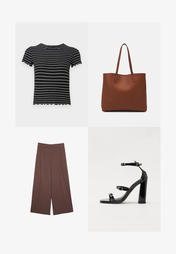 Svart ribbat kortärmad topp med vita horisontella ränder. Vågmönstrade ärmslut och halsringning ger en extra detalj till designen. Lämplig för avslappnad användning.; Bruna vida byxor med en slät textur, som har hög midja och framfickor. Tyget är lätt och flödar löst.; Svarta lackerade klacksandaler med fyrkantig tå, ankelremmar och silverfärgade spännen. Har en kraftig blockklack för stabilitet.; Brun läder tote-väska med en slät textur, öppen toppdesign och två axelremmar. Har minimal söm och ingen synlig metalldetalj.