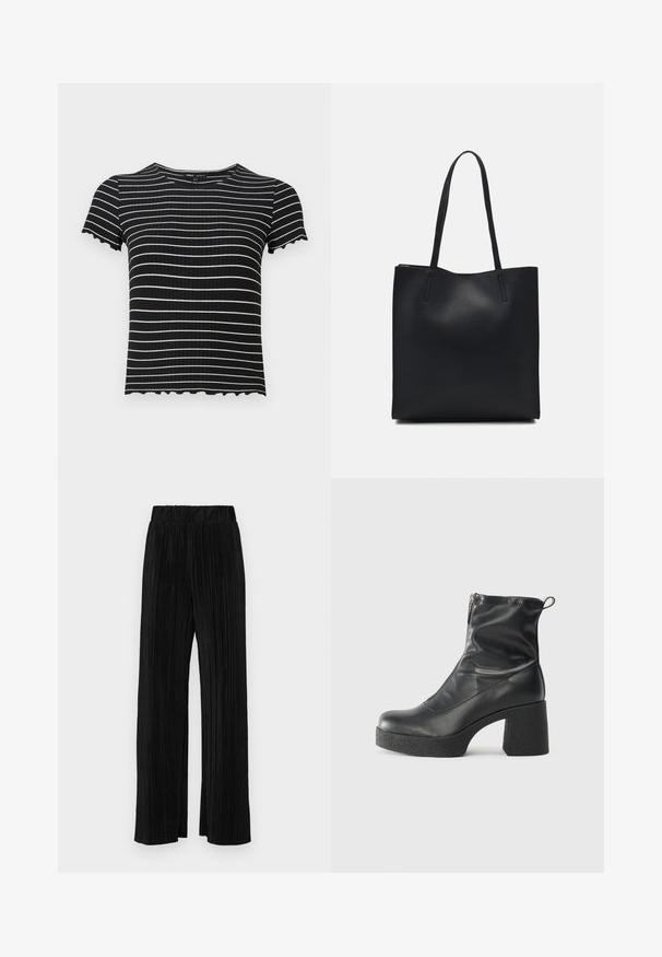 Črna rebrasta majica s kratkimi rokavi in belimi vodoravnimi črtami. Valoviti robovi na rokavih in ovratniku obogatijo njen dizajn. Primerna za sproščeno nošenje.; Črne plisirane hlače z elastičnim pasom. Imajo široke noge in gladko, teksturirano tkanino z navpičnimi črtami.; Črne gležnjarje iz gladke kože z božnim zadrgo, masivnim teksturiranim peto in zaobljeno obliko prstov.; Črna usnjena torba s svilnato teksturo, pravokotne oblike in dvema dolgima ročajema. Brez vidnih metalnih delov ali okrasnih elementov.