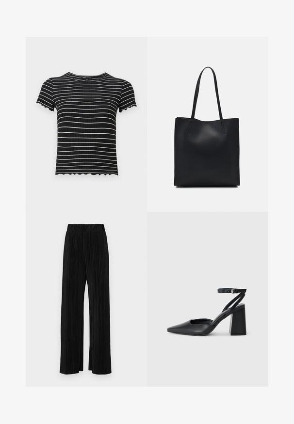 Top scurt cu maneci scurte, ribbed, de culoare neagră, cu dungi orizontale albe. Detaliile cu margini ondulate ale manșetelor și gulerului îmbunătățesc designul acestuia. Potrivit pentru îmbrăcăminte casual.; Pantaloni negri plisati cu talie elastică. Prezintă picioare largi și un material neted, texturat, cu dungi verticale.; Pantofii cu toc ascuțit din piele neagră, cu breteaua pentru glezne și toc gros. Textură netedă, design elegant și estetică minimală.; Geantă tote neagră din piele, cu textură netedă, formă rectangulară și două mânere lungi. Fără hardware vizibil sau ornamente.