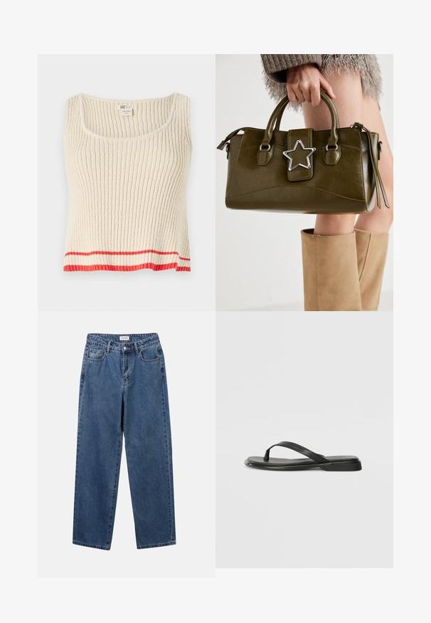 Cream-colored ribbed tank top with a scoop neck and a red horizontal stripe at the hem. Soft, textured fabric with a relaxed fit.; Classic blue denim jeans with a straight-leg design, five pockets, and a button closure. Features a medium wash and sturdy texture.; Black flip-flop made of smooth leather, featuring a thin strap design and a flat sole with a minimal profile. No notable patterns or accents.; Olive green faux leather handbag with silver star accent, dual handles, and a zip closure. Textured surface and structured shape.