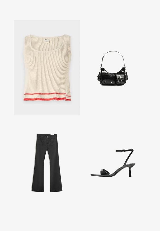 Top din jerseu de culoare crem, cu decolteu rotund și o bandă roșie orizontală la tiv. Material moale, texturat, cu o croială lejeră.; Blugi negri evazați din denim cu o textură netedă, având două buzunare la spate și închidere cu buton la talie.; Bershka Sandale cu toc - black; Geantă de mână din piele lăcuită neagră, cu o formă curbată, un umăr, buzunare frontale și accente din metal argintiu.