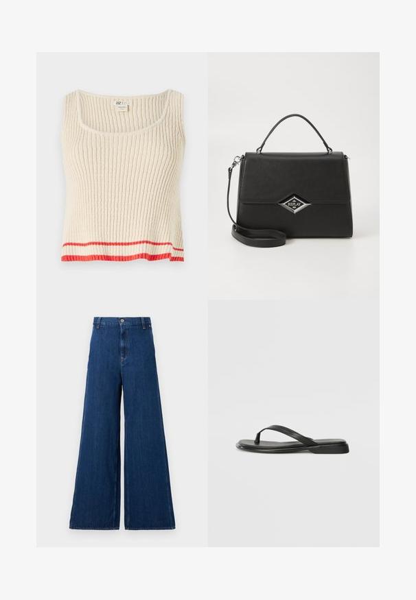 Kreemivärvi soonik-topp, millel on ümmargune kaelus ja punane horisontaalne triip ääres. Pehme, tekstureeritud kangas ja vaba lõige.; Replay PANTS - Sirgete säärtega teksad - dark blue; Musta sussumood, mis on valmistatud siledast nahast. Sellel on õhuke rihma disain ja lame tald minimaalsete joontega. Mingeid silmatorkavaid mustreid või aktsente ei ole.; Musthave mustrahand, millel struktureeritud disain, ülemine käepide, eemaldatav õlavööt ja hõbedane rombikujuline logo ees.