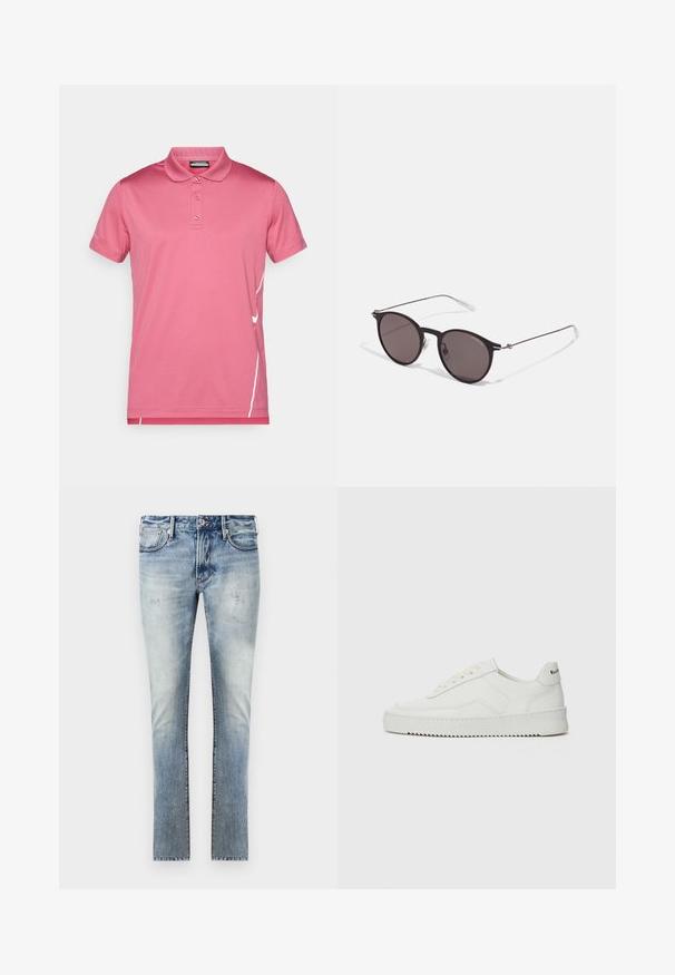 Rosa polotröja i mjukt tyg, med en treknapplad knäppning och korta ärmar. Märkbara vita detaljer längs sidan.; Ljust blå denimjeans med en bleknad finish, slim fit-design, fem fickor och kontrasterande sömmar.; Vita lädersneakers med en jämn yta, rund tå, platta snörningar och en strukturerad sula. Har en diskret logotyp på hälen.; Svarta runda solglasögon med mörka linser och smala metallarmar. Inkluderar klara tempeltips och silverdetaljer vid gångjärnet. Minimalistisk design.