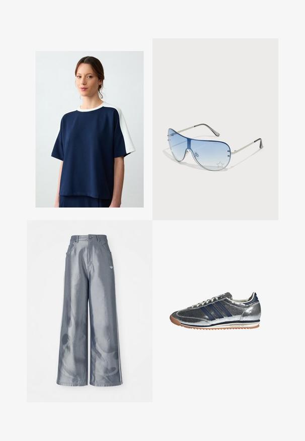 navyblaues Kurzarmoberteil mit weißen Akzenten an den Schultern. Aus weichem Stoff gefertigt und mit einem lockeren Schnitt sowie einem runden Halsausschnitt.; Weite Hose aus glänzendem grauem Material, ausgestattet mit weißen seitlichen Streifen und einem Flammenmuster an den Unterschenkeln. Knopf- und Reißverschlussverschluss an der Taille.; Silberfarbene synthetische Sneaker mit marineblauen Streifen, runder Zehenpartie, weißer Innenfutter und Gummisohle. Verfügt über ein strukturiertes Obermaterial und eine Schnürung.; Flugzeugbrille mit einem verlaufenden blauen Glase, silbernem Metallrahmen und dekorativen Sternelementen auf dem Glas. Glattes und elegantes Design.