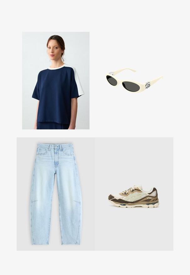 Navyblauw T-shirt met korte mouwen en witte accenten op de schouders. Gemaakt van zacht materiaal, met een comfortabele pasvorm en een ronde hals.; Lichtblauwe denimjeans met een ontspannen pasvorm, voorzien van een hoge taille, vijf-pocketontwerp en subtiele vervaging met rafelige zoomdetails.; Beige en bruine ASICS hardloopschoen met bovenwerk van mesh en suede, gevoerde zool en een merklogo op de zijkant en hiel.; Crème-kleurige zonnebril met ovale lenzen, zwarte tint en metallic logo accenten op de slapen. Zachte textuur, cat-eye ontwerp.