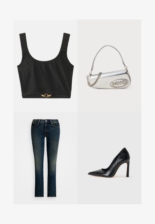 Svart avkortet topp med brede stropper; teksturerte stropper med "JUST" preget; har gulltonet sirkulært metallvedhenget i nederkanten.; Mørkeblå denimjeans med rett ben-design, fem lommer og lys fading foran. Sølv knapp og glidelås-lukking.; Sorte spiss-tå høye hæler med krokodilleskinn tekstur, har et elegant design, høy stiletthæl og glatt svart interiør.; Sølv metallisk håndveske med en rundet trekantform, preget av en logo, kjedehåndtak og glatt tekstur. Glidelåslukking på siden.
