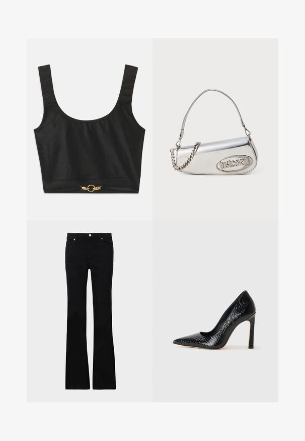Svart avkortet topp med brede stropper; teksturerte stropper med "JUST" preget; har gulltonet sirkulært metallvedhenget i nederkanten.; Sorte slengbukser laget av denim, med to frontlommer, en knappe-lukking, og en glatt tekstur. Signatur sømmer synlige ved sømmene.; Sorte spiss-tå høye hæler med krokodilleskinn tekstur, har et elegant design, høy stiletthæl og glatt svart interiør.; Sølv metallisk håndveske med en rundet trekantform, preget av en logo, kjedehåndtak og glatt tekstur. Glidelåslukking på siden.