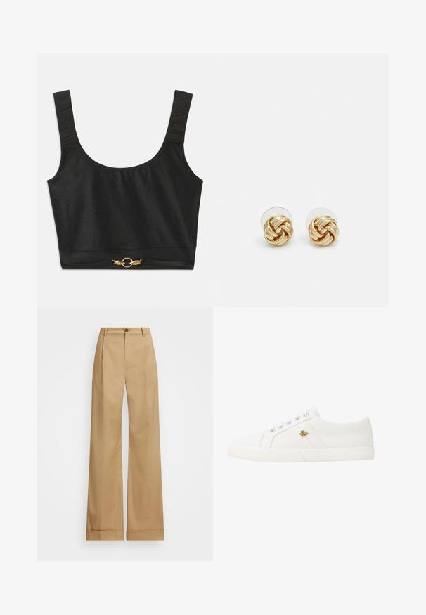 Čierny skrátený top so širokými ramienkami; textúrované ramienka s embosovaným nápisom "JUST"; obsahuje zlaté kruhové kovanie na dolnom okraji.; Béžové nohavice so širokým strihom a gombíkovým zapínaním, s hladkým povrchom a prešitou líniou. S manžetami na spodnom leme pre zvýraznenie detailu.; Lauren Ralph Lauren JANSON II CANVAS SNEAKER - Tenisky - optic white; Náušnice s uzlom v zlatej farbe s prekrúteným dizajnom. Každá náušnica má kruhové priehľadné pozadie pre bezpečné nosenie.