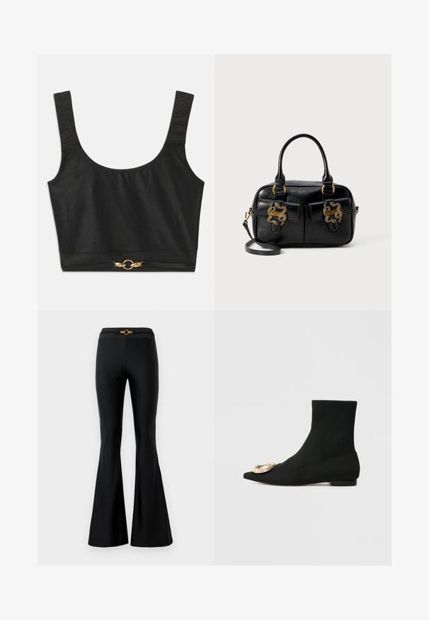 Melnā īsā topa ar plašām siksnām; teksturētas siksnas ar iegravētu vārdu "JUST"; pie apakšmalas ir zelta toņa apaļš aparatūra.; Melnas platas bikses ar gludu tekstūru, ar pieguļošām jostām un zelta apaļu akcentu priekšpusē. Izgatavotas no elastīga materiāla.; Melni potīšu zābaki ar smailu purngalu, izgatavoti no gludas auduma. Ar zelta dekoratīvu akcentu priekšpusē un zemu papēdi.; Melna faktūras ādas rokassoma ar divām augšējām rokturiem, divām priekšējām kabatām un zelta aparatūras akcentiem. Iekļauj noņemamu plecu siksnu.