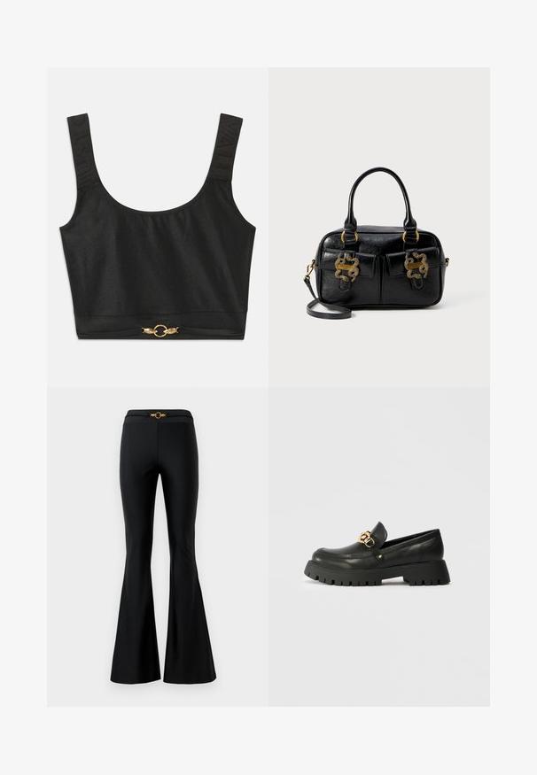 Fekete, rövid fazonú felső széles pántokkal; texturált pántokkal, rajtuk "JUST" domborítással; arany színű kör alakú fémrész a szegély mentén.; Fekete, széles szárú nadrág sima textúrával, amely illeszkedő derekú és elöl arany kör alakú díszítéssel rendelkezik. Rugalmas anyagból készült.; Fekete bőr mokaszin vastag, texturált gumitalppal. Arany színű láncos díszítéssel rendelkezik a lábfej fölött, és kerek orrú kialakítással rendelkezik.; Fekete textúrált bőrtáska dupla felső fogantyúkkal, két elülső zsebbel és arany színű fém kiegészítőkkel. Leválasztható vállpánttal rendelkezik.