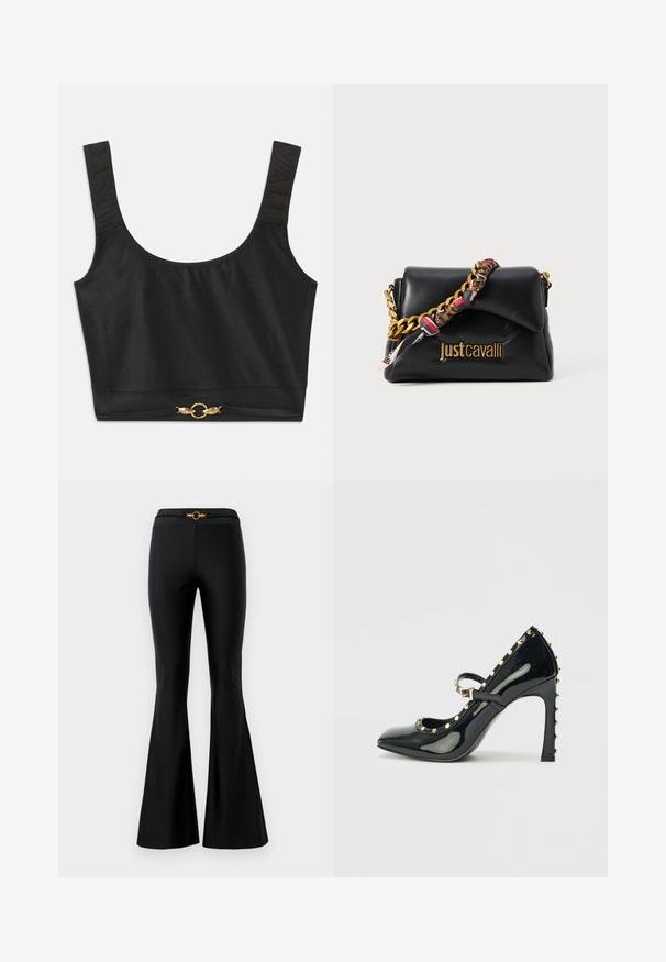 Musta lyhythiha toppi leveillä olkaimilla; strukturoidut olkaimet, joissa lukee "JUST" kohotettuna; toimituksessa on kultasävyinen pyöreä varuste helmassa.; Mustat leveälahkeiset housut, joissa on sileä pinta, vyötärö on istuva ja edessä on kultainen pyöreä yksityiskohta. Valmistettu joustavasta materiaalista.; Musta patentoitu korkeakorkoinen kenkä, jossa on terävä kärki, nilkkaremmi ja kultaiset niitti-akcentit reunoilla.; Musta nahkalaukku, jossa on kultaketjuolkaimia, kuvioitu kangasviimeistely ja etupuolella kohokuvioitu logo.