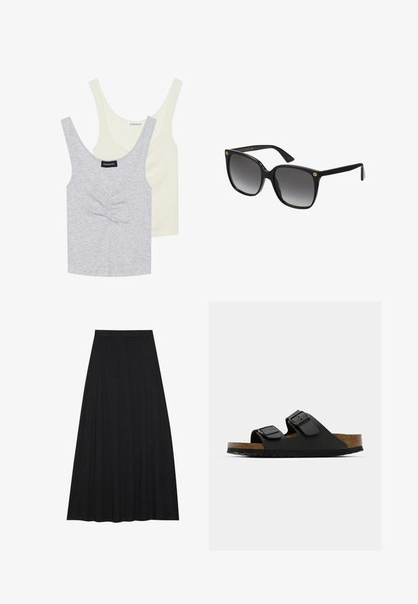 Két trikó: az egyik világosszürke struktúrált mintázattal és elöl gombokkal, a másik egyszínű krém színű. Mindkettő széles pántokkal és lekerekített nyakkivágással rendelkezik.; Fekete maxi szoknya puha, folyékony anyagból. Rugalmas derékrésszel és teljes, A-vonalú siluettel rendelkezik, sima textúrával.; Fekete, kétpántos szandál állítható csatokkal, parafa talppal és borzolatos gumitalppal. Jellemzője az egyszerűbb viselet érdekében készült lapos, nyitott dizájn.; Fekete, oversize napszemüveg gradient lencsékkel, vastag műanyag kerettel és arany logóval a fülek mellett. Szögletes forma és polírozott felület.