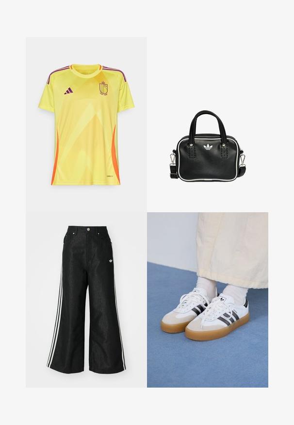 Keltainen jalkapallopaita, jossa on gradienttikuviota, purppuran ja oranssin yksityiskohtia, pyöreä kaula-aukko, lyhyet hihat ja logo rinnassa. Kevyt materiaali.; Mustat leveät farkut kolmella valkoisella raidalla jokaisella sivulla ja pienellä valkoisella logolla. Ominaisuuksiin kuuluvat etutaskut ja napitus.; Valkoiset tennis kengät, joissa on mustia raitoja ja vaaleanruskeita mokka-yksityiskohtia. Varustettuna textuurilla varustetulla kumipohjalla ja tasaisilla valkoisilla kengännauhoilla, käytetään vaaleiden sukkien kanssa.; Musta nahkainen käsilaukku, jossa on kaksi lyhyttä kahvaa, hopeiset yksityiskohdat, valkoiset tehosteet ja valkoinen logo. Sisältää teksturoidun pinnan ja kompaktin muotoilun.