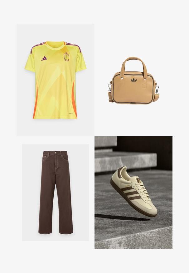 Camisa de futebol amarela com padrão em gradiente, realces em roxo e laranja, gola redonda, mangas curtas e logotipo no peito. Material leve.; Calças de denim largas de cor castanha com costura em contraste, cinco bolsos e fecho de botão metálico. Tecido suave, corte reto.; Ténis cor creme com detalhes castanhos, riscas laterais texturizadas e acabamento em couro liso. Apresenta um design com atacadores e sola de borracha.; Bolsa de couro vegan bege com duas alças, alça de ombro destacável, costura de destaque preta e um pequeno logótipo preto na parte frontal.