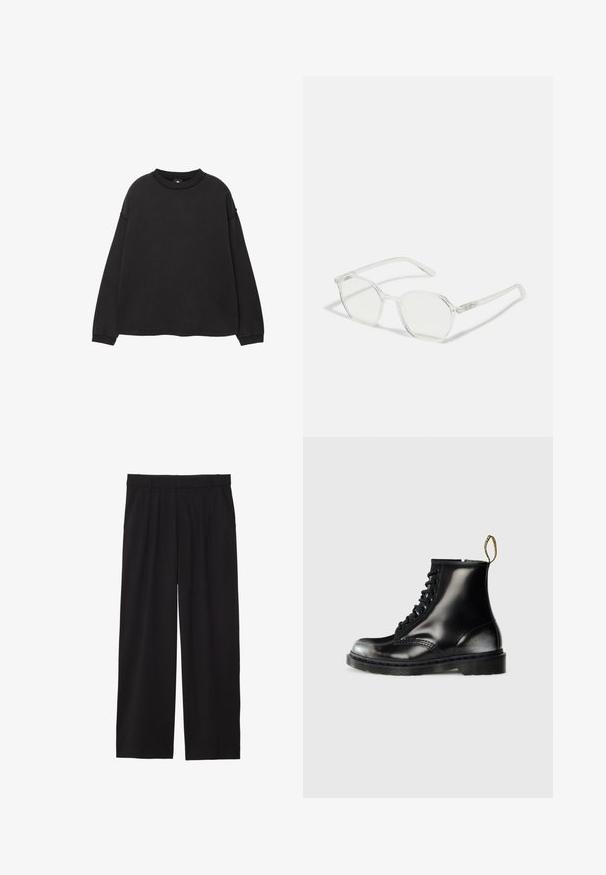 Schwarzes Langarmshirt aus weichem Baumwollmaterial. Mit rundem Halsausschnitt, überschnittenen Schultern sowie gerippten Ärmelbündchen und Saum. Sanfte Textur.; Schwarze, weite Hose mit gefälteltem Vorderteil, seitlichen Taschen und einer glatten Stoffstruktur. Entworfen für eine entspannte Passform.; Schwarze Leder-Ankle-Boots mit glanzfinish, acht Ösen, schwarzen Schnürsenkeln und einer Zuglasche. Mit einer strukturierten, profilierten Sohle.; Transparente achteckige Brillen mit klaren Gläsern und dünnen, transparenten Kunststoffrahmen. Zu den Besonderheiten gehören dezente Details an den Rahmenecken.