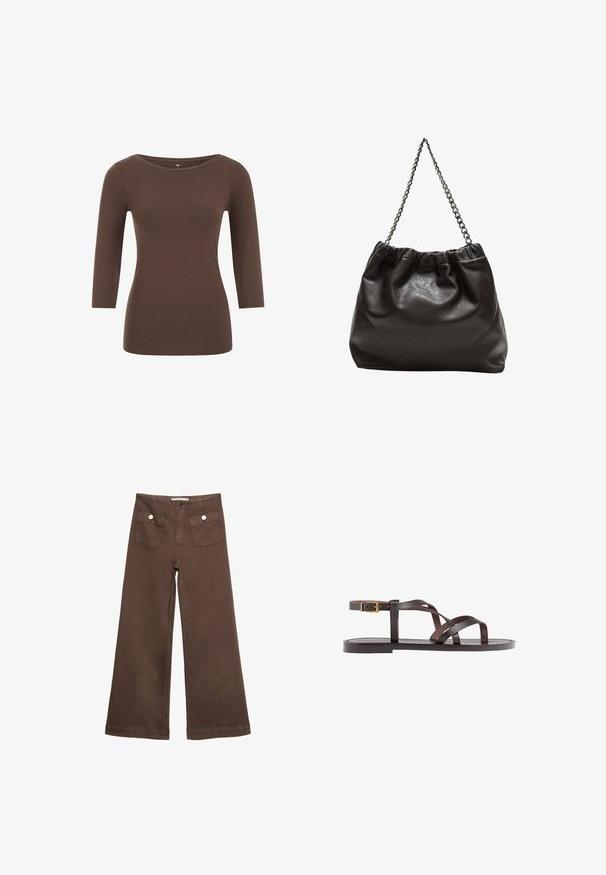 Rjava dolgi rokav s krožno ovratnikom, izdelan iz mehke tkanine. Ima prilegnjeno zasnovo in gladko teksturo.; Svetlo rjave široke hlače iz bombaža, ki vključujejo dva sprednja žepa s srebrnimi gumbi in gladko teksturo.; Rjav usnjen sandal z načinom prečnega črta, zaklepom okoli gležnja in ravnim podplatom z minimalnimi šivi.; Rjava usnjena torba z nabranim vrhom in verižnim trakom. Gladka tekstura z sijajno površino in subtilnimi šivi na straneh.