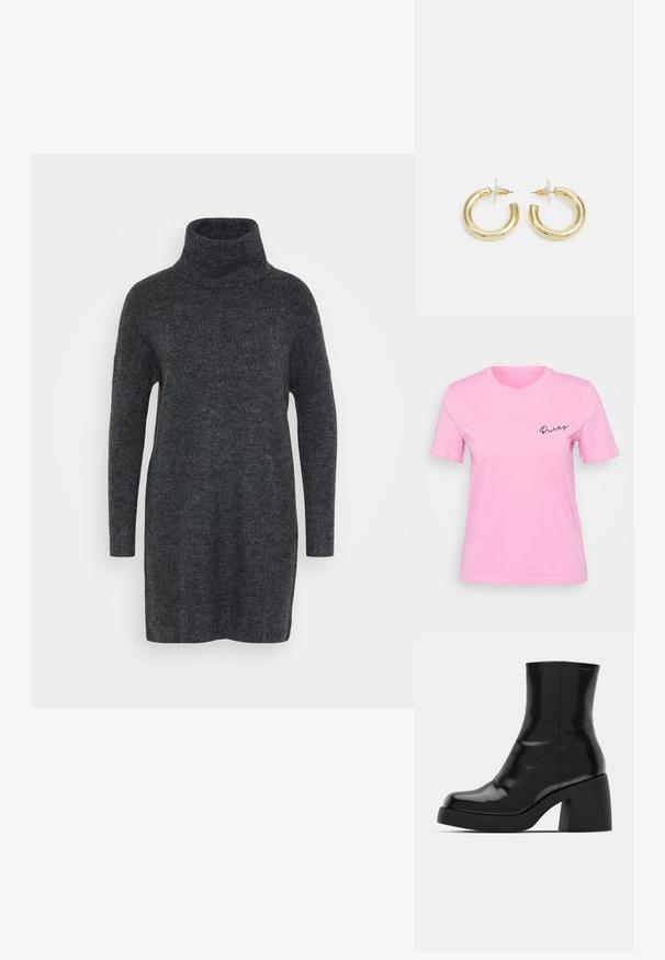 Růžové bavlněné tričko s krátkým rukávem, kulatým výstřihem a nápisem "Party" v kurzívě černým písmem na levé části hrudi.; Tmavě šedý pletený rolák s dlouhými rukávy a volným střihem. Obsahuje žebrované manžety a hladkou, jemnou texturu.; Černé kotníkové boty s lesklým povrchem, čtveratou špičkou a silným blokovým podpatkem. Design se vyznačuje bezproblémovým siluetu a minimálním brandingem.; Zlaté kruhové náušnice s hladkým, lesklým povrchem. Kruhový design s malým kolíčkem a průhledným záznamem pro bezpečné nošení.