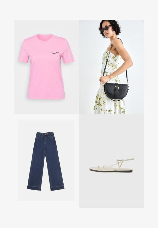 Pink cotton t-shirt featuring short sleeves, a round neckline, and the word "Party" in cursive black text on the left chest area.; Wide-leg jeans in dark blue denim. Features five pockets, belt loops, and a raw hem at the bottom with visible stitching details.; Beige flat sandal with multiple slender straps and an adjustable buckle. The sole is flat with a slight dark contrast at the edge.; Black leather handbag with a curved shape, detachable strap, and gold hardware. The bag features a flap with a buckle detail.