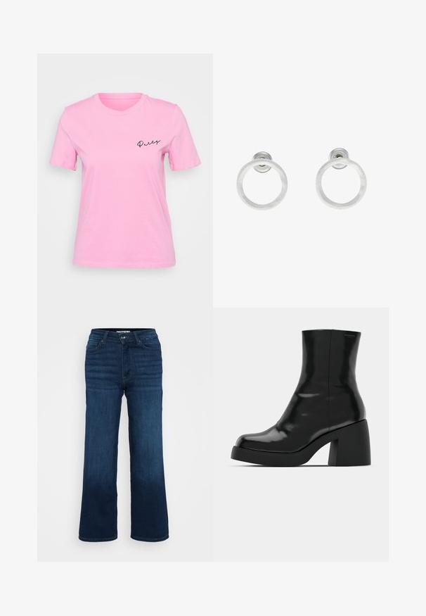 Pink cotton t-shirt featuring short sleeves, a round neckline, and the word "Party" in cursive black text on the left chest area.; ONLY Petite ONLMADISON BLUSH WIDE - Wide Leg - dark blue denim; Black ankle boots with a glossy finish, square toe, and a thick block heel. The design features a seamless silhouette and minimal branding.; Silver metal hoop earrings with a brushed texture, featuring a circular design and a clear post back for secure wear.