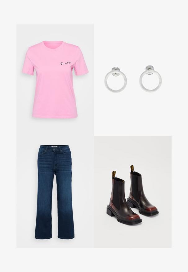 Roza bombažna majica s kratkimi rokavi, okroglim ovratnikom in besedo "Party" v pisanem črnem besedilu na levem delu prsnega koša.; ONLY Petite ONLMADISON BLUSH WIDE - Široke hlačnice - dark blue denim; Dr. Martens MAYBOLE CHELSEA - Gležnjarji s platformo - black/cherry red; Srebrni kovinski obročasti uhani z brušenjem, s krožno obliko in prozornim zatičem za varno nošenje.