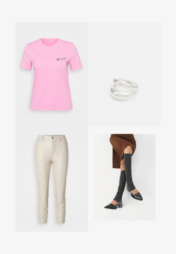 Rausvos medvilninės marškinėlių su tricento rankovėmis, apvaliu kaklu ir žodžiu "Party" juodu kreivuoju šriftu kairėje krūtinės pusėje.; Smėlio spalvos dirbtinės odos kelnės su siauru siluetu, priekinių kišenių ir sagos uždarymu, su glotnia tekstūra ir siaurėjančiomis kojomis.; Juodi lakuoti odiniai batai su aštriu kuma ir bloko kulnu, derinami su pilkais riebiais kojų šildytuvais ir rudais zomšiniais sijonais.; Sidabrinis dvigubas žiedas su lygiu, poliruotu paviršiumi. Pasižymi sklandžiu, kreiptu dizainu su persipinančiomis dalimis, suteikiančiomis modernų išvaizdą.