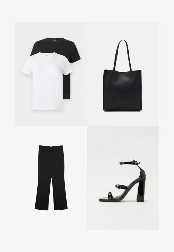 Dve tričká: jedno biele a jedno čierne, obe s krátkymi rukávmi a okrúhlym výstrihom, vyrobené z bavlny s hladkou štruktúrou.; Čierne nohavice so strihom rovného strihu, s prednými vreckami a bočnými rozparkami na leme. Vyrobené z mäkkej, hladkej tkaniny. Vhodné na rôzne príležitosti.; Čierne lakované sandále na podpätku so štvorcovou špičkou, navlečenými remienkami okolo členku a striebornými prackami. Disponujú masívnym blokovým podpätkom pre stabilitu.; Čierna kožená taška na rameno s hladkým povrchom, obdĺžnikovým tvarom a dvoma dlhými uchami. Bez viditeľného kovania alebo ozdôb.