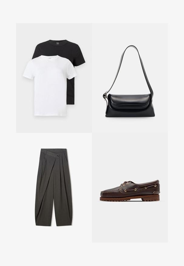 Dvě trička: jedno bílé a jedno černé, obě s krátkým rukávem a kulatým výstřihem, vyrobená z bavlny s hladkou strukturou.; Šedé skládací kalhoty s vysokým pasem, které mají knoflíkovou manžetu a široké nohavice. Vyrobeno z hladké tkaniny.; Hnědé kožené lodní boty se zlatými očky, kulatými tkaničkami a texturovanou hnědou gumovou podrážkou. Obsahují zašitý detail a vyvýšené logo.; Černá kožená kabelka se strukturovaným tvarem, hladkým povrchem a jedním ramenním popruhem. Obsahuje jemně zaoblený design klopy.