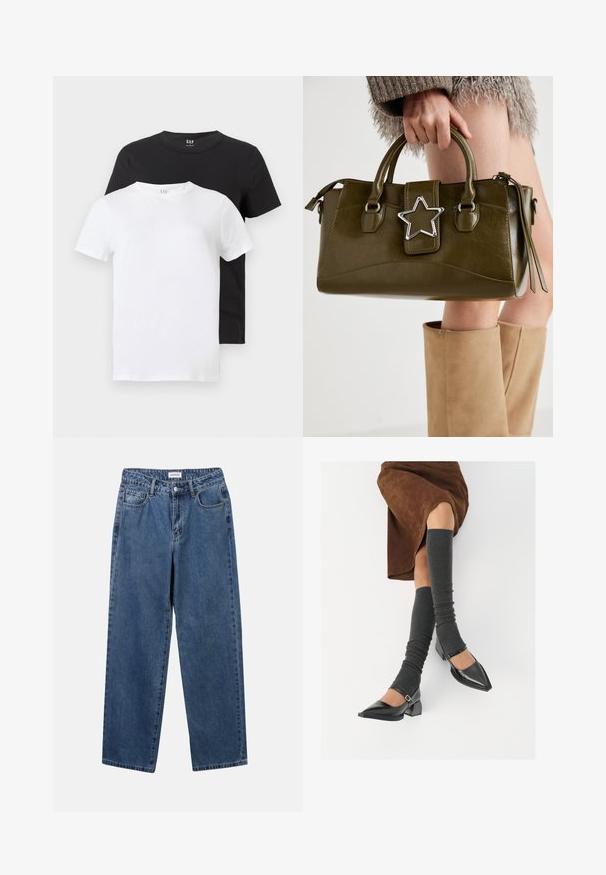 Dve majice: ena bela in ena črna, obe s kratkimi rokavi in okroglo ovratnikom, narejeni iz bombaža z gladko teksturo.; Klasične modre jeans hlače s ravnim krojem, petimi žepi in gumbom za zapiranje. Imajo srednje pranje in trdno teksturo.; Črne lakirane čevlje s pointy prsti in blok peto ter z naramnicami za gleženj, ki jih kombiniramo s sivimi rebrastimi nogavicami in rjavim suknjičem iz usnja.; Olivnozeleno usnjeno ročno torbico z srebrno zvezdo, dvema ročajema in zadrgo. Teksturna površina in strukturirana oblika.