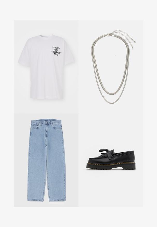 Carhartt WIP CROSS SCREW - T-shirts print - white; Lyseblå denimjeans med straight leg-design, der har en mid-rise talje, fem lommer og en lukning med knap og lynlås.; Sort læderloafer med en frynsedetalje, der har en kraftig sort sål og gul syninger langs kanten. Teksturert overflade.; Tre-lags sølvmetal halskæde med slanke, flexible kæder med en let glans, sikret med en hummerlås og justerbar kæde.