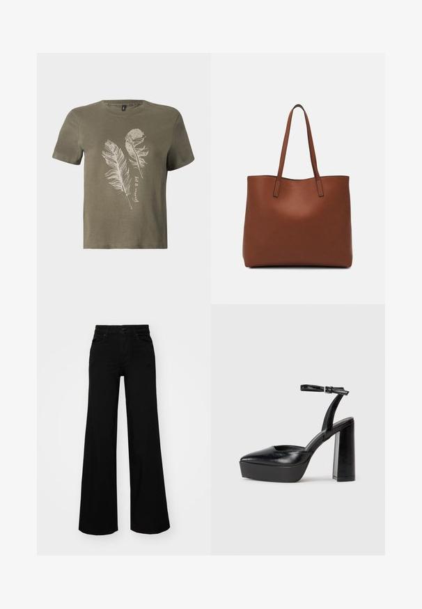 Olivovo zelené bavlnené tričko s krátkymi rukávmi, s bielym potlačou pierka a okrúhlym výstrihom.; Čierne široké nohavice z denimu s pevným pásom, pútkami na opasok a prednými vreckami. Hladká štruktúra s klasickým dizajnom.; Čierne platformové podpätky so špicatou špičkou a nastaviteľným členkovým remienkom. Vyrobené z hladkej kože a so robustným blokovým podpätkom.; Hnedá kožená taška na rameno s hladkou textúrou, otvoreným vrchom a dvoma ramenými popruhmi. Má minimálne šitia a žiadne viditeľné kovania.