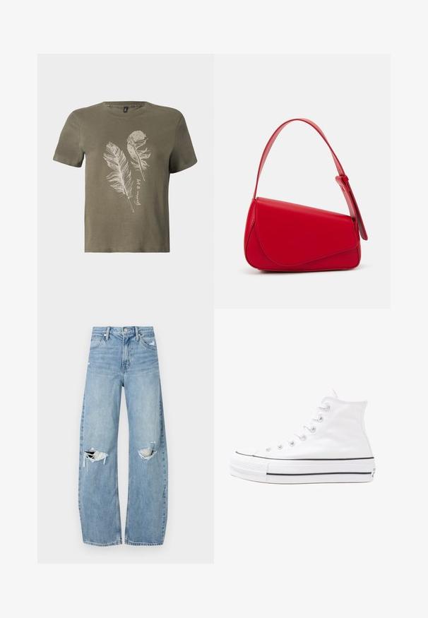 Olajzöld pamut póló rövid ujjú, fehér tollmintával és kerek nyakkivágással.; Világoskék, magas derekú farmernadrág. Széles lábakkal, két szakadt térddel és klasszikus öt zsebes dizájnnal rendelkezik.; Fehér magaskorsó vászon sportcipő fekete gumi talppal, elülső gumi orrnyereggel és hat fűzőlyukkal, letisztult, minimalista dizájnnal.; Piros bőr kézitáska szögletes, geometrikus kialakítással. Egy állítható pánttal és varrott részletekkel ellátott fedélzárral rendelkezik.