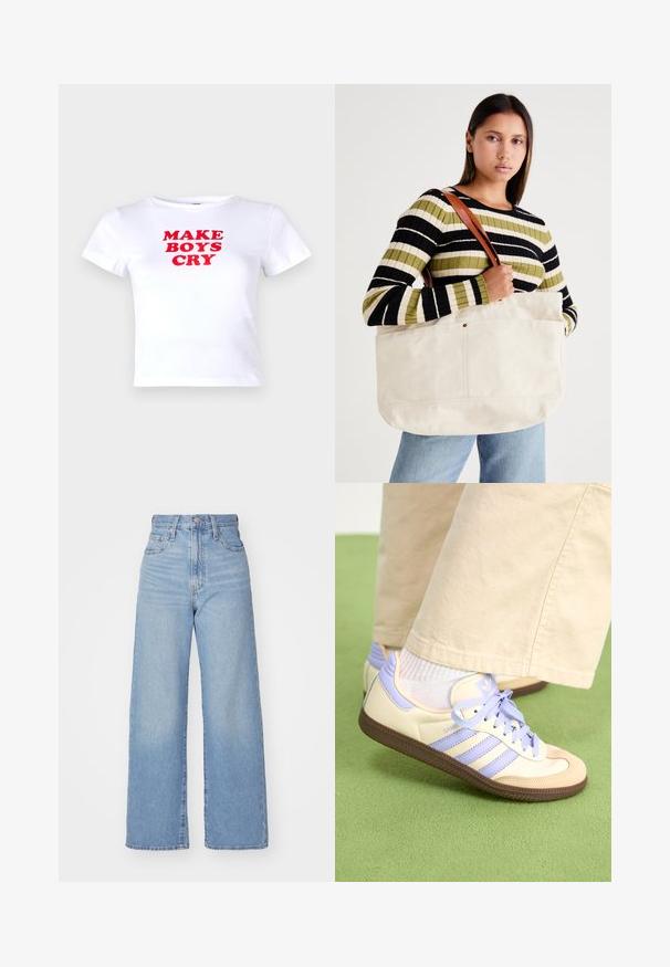 Noisy May NMMOLLY - T-shirts med print - bright white; Lys blå høytlivs vide jeans med knapp- og glidelås lukking foran, foran og bak lommer, på en hvit bakgrunn.; Kremfargede og lavendelfargede joggesko med tre striper og en teksturert brun såle, med lisser og en polstret hæl. Mykt stofføvre.; Stor beige kanvas tote bag med brune lærreimer, med et minimalistisk design og synlige sømdetaljer.