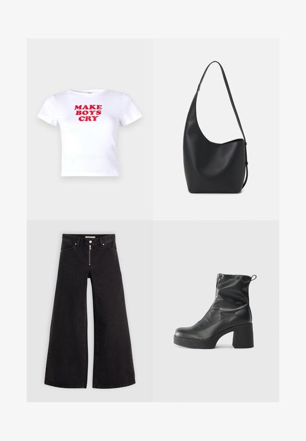 Noisy May NMMOLLY - T-shirts print - bright white; Vide ben jeans i sort denim med lynlås foran, fem lomme-design og subtile stikninger. Glat tekstur og afslappet stil.; Sorte ankelstøvler lavet af glat læder, med en sidelukning, kraftig struktureret hæl og rundt tådesign.; Sort læder hobo taske med en glat overflade, buet form og en enkelt justerbar rem; har en bred åbning øverst.