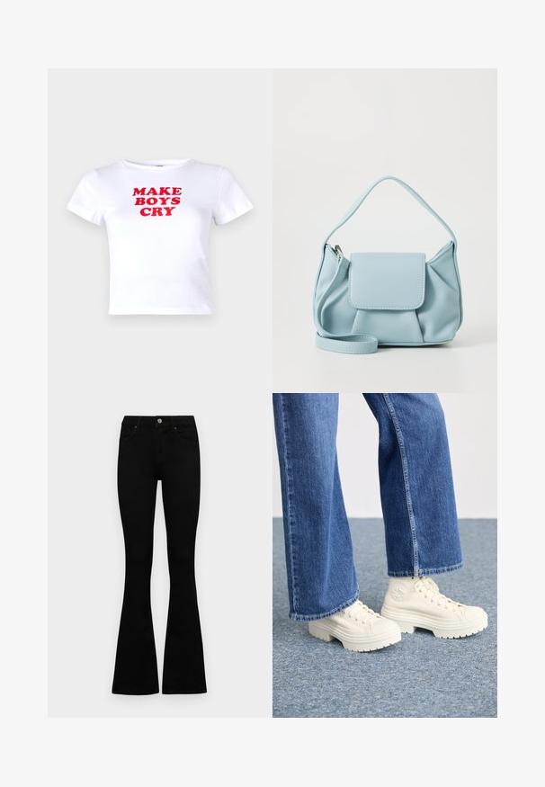 Noisy May NMMOLLY - Print T-shirt - bright white; Black high-waist jeans with a button and zip closure, front pockets, and flared legs laid flat on a white background.; White high-top sneakers with thick, ridged soles and circular logo detail, worn with light blue, wide-leg denim jeans.; Light blue leather handbag with a top handle, front flap pocket, and detachable wrist strap on a white background.