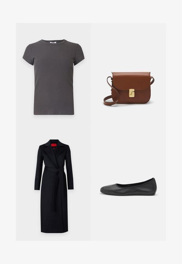Šedé žebrované tričko s krátkým rukávem a kulatým výstřihem. Vyrobeno z měkké látky, s texturovaným vzorem a přiléhavým střihem.; Černý trenčkot s dlouhými rukávy, navržený jako zavinovací model, s odpovídajícím páskem. Vyroben z hladké tkaniny, má zářezový límec a boční kapsy.; Černé kožené baletní byty s kulatou špičkou, hladkou texturou, minimálními švy a flexibilním designem podrážky.; Hnědá kožená kabelka s klopou, zlatými kovovými detaily, ramenním popruhem a hladkým povrchem. Kompaktní obdélníkový tvar.