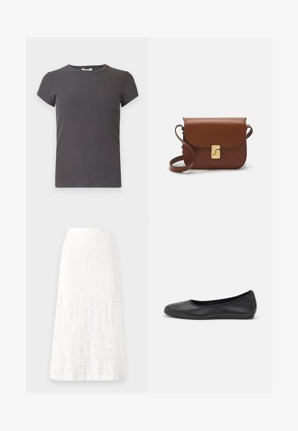 Maglietta corta grigia a maniche corte con scollatura rotonda. Realizzata in tessuto morbido, presenta un motivo texturizzato e una silhouette aderente.; Gonna midi bianca in maglia con un motivo testurizzato a righe verticali e dettagli a taglio vicino all'orlo. Vita elasticizzata. Materiale morbido.; Pantofole da balletto nere in pelle con punta arrotondata, texture liscia, dettagli di cucitura minimi e design con suola flessibile.; Borsa a tracolla in pelle marrone con chiusura a pattina, hardware color oro, tracolla e una finitura liscia. Forma rettangolare compatta.