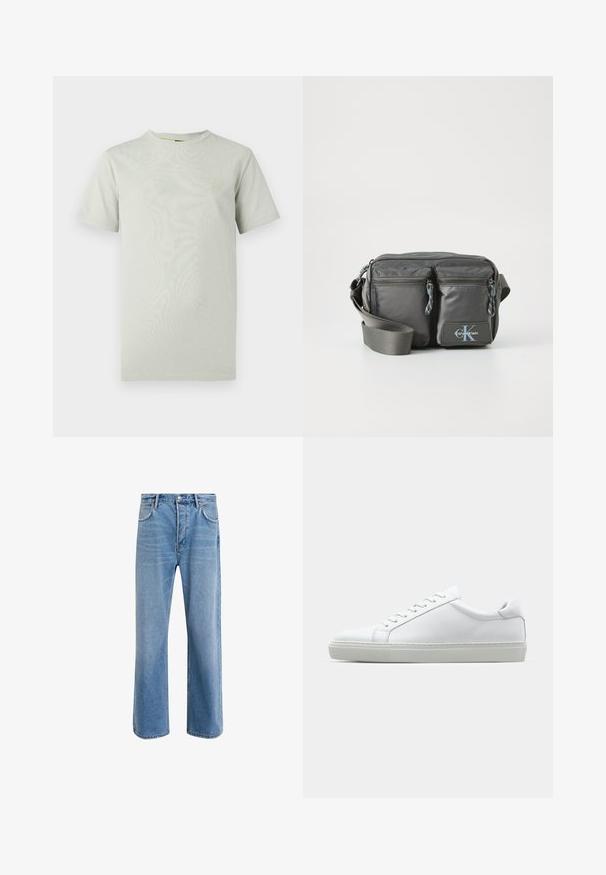 Light green short-sleeve t-shirt in soft, smooth cotton with a round neckline and a small logo patch on the left chest.; Light blue denim jeans with a straight-leg design, five pockets, button closure, minimal fading, and contrasting stitching details.; White sneaker with a smooth leather upper and a low profile. Features a rounded toe, six eyelets, and a textured rubber sole.; Gray nylon crossbody bag with two zippered front pockets, adjustable strap, and logo accent. Smooth texture with a modern design.