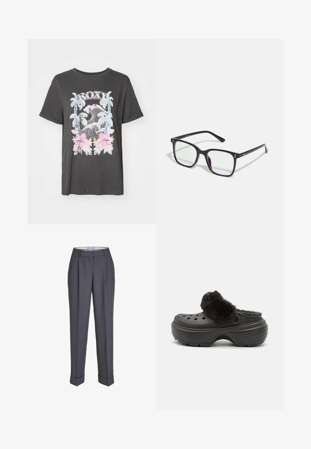 Schwarzes Baumwoll-T-Shirt mit einem Roxy-Logo, Palmen, Wellen und rosa Hibiskusblüten in einem vintage, abgenutzten Grafikdesign.; Dunkelgraue Tailor-Hosen mit geradem Bein, gefalteter Vorderseite und umgeschlagenen Säumen. Hergestellt aus glattem Stoff und mit einem klassischen Bund versehen.; Schwarze Clogs mit einem weichen, plüschigen Oberband, das an der Vorderseite mit Perforationen versehen ist und eine strukturierte Ferse für besseren Halt aufweist. Leicht und im Slip-On-Design.; Schwarze rechteckige Brille mit klaren Gläsern, die goldene Akzente im Rahmen aufweist und einen leichten lila Schimmer auf einem der Gläser hat.; Burgunderfarbene Lederhandtasche mit goldener Schnalle, strukturierte Form, Obergriff und verstellbarer Schulterriemen. Modell trägt eine Jeansjacke.