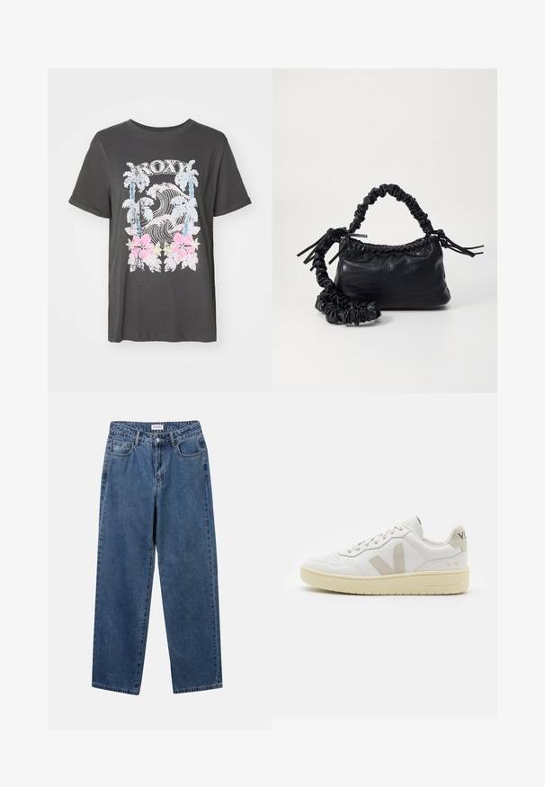 Black cotton t-shirt featuring a Roxy logo, palm trees, waves, and pink hibiscus flowers in a vintage distressed graphic design.; Classic blue denim jeans with a straight-leg design, five pockets, and a button closure. Features a medium wash and sturdy texture.; White leather sneaker with beige suede accents, perforated toe box, flat laces, and a textured cream sole. Features subtle branding on heel.; Black faux leather handbag with a crocodile texture, cinched top, and a scrunched strap. Appears soft and compact in design.