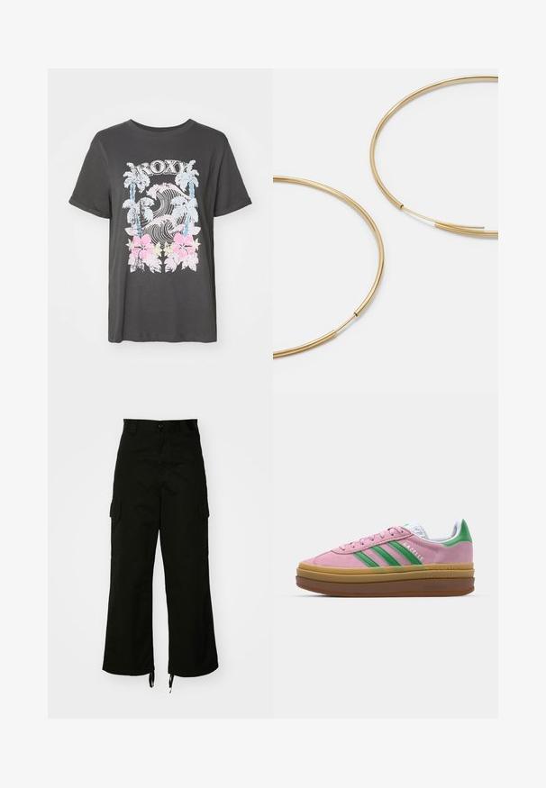 Sort bomulds T-shirt med et Roxy-logo, palmer, bølger og lyserøde hibiscusblomster i et vintage slidstærkt grafisk design.; Sorte cargobukser lavet af bomuld, med brede ben, sidelommer og snoretræk i kanten. Designet inkluderer en knaplukning i taljen.; Lyserøde ruskindsneakers med grønne striber, hvide accenter og en brun gummisål. Har tekstureret stof og logodetaljer på siden.; Guldfarvede hoops øreringe, tynde og runde i formen, med en glat metallisk finish uden udsmykninger eller mønstre.