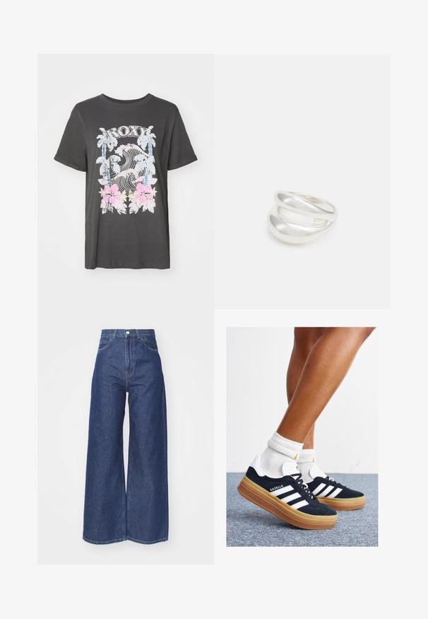 Camiseta de algodón negra con un logo de Roxy, palmeras, olas y flores de hibisco rosa en un diseño gráfico vintage desgastado.; Jeans de pierna ancha hechos de denim azul oscuro. Diseño de altura alta con cremallera y cierre de botón. Cuenta con el estilo clásico de cinco bolsillos y bordes rematados.; Zapatillas deportivas de gamuza negra con rayas y detalles blancos, puntera redondeada, suela de goma color caramelo, combinadas con calcetines blancos acanalados a la altura del tobillo.; Anillo de plata de doble banda con una superficie lisa y pulida. Presenta un diseño fluido y curvado con secciones superpuestas para un aspecto moderno.