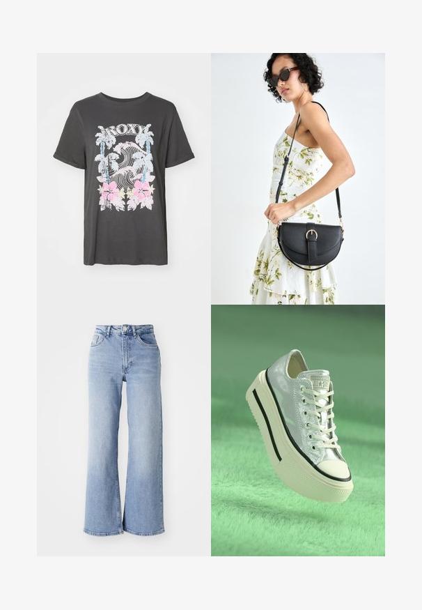 Must-have musta T-särk mustast puuvillast, millel on Roxy logo, palmipuud, lained ja roosad hibiskused vintage stiilis kulunud graafilise disainiga.; Heledsinine kõrge vöökoht ja laiad sääred teksad, millel on ees- ja taga-taskud, nööbiga kinnitamine ning kerge kulumine reitel ja ääres.; Metallic hõbedane toss, millel on platvormi põhi, valged nöörid ja mustad aktsendid. Omab ümardatud varbaosa ja tekstureeritud kummist välispinda.; Mustmust mustraha kõverate joontega, eemaldatava rihmaga ja kuldsete detailidega. Kotil on klapp, millel on pandladetail.