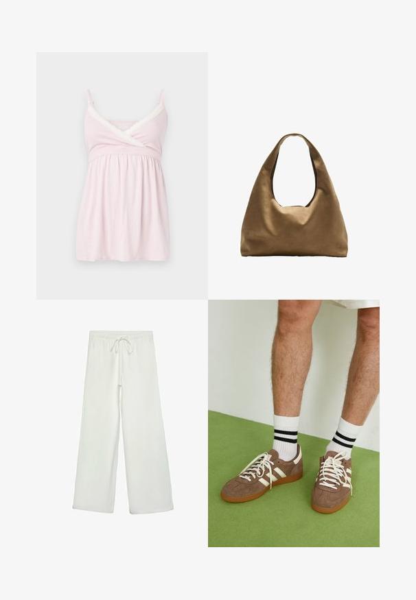 Ärmlös rosa topp med spetsdetalj längs halsringningen, med en korsad design och samlad midja för en flödande siluett.; Vita vida byxor i mjukt tyg. Har en elastisk midja med dragsko och en slät yta. Inga synliga mönster eller metalldetaljer.; Bruna mockaskor med vita detaljer och snören. Gummisula i beige. Bärs med vita strumpor med svarta ränder. Grön strukturerad golvyta.; Brun tygaxelväska med en bred, rundad kropp och ett stort utskärningshandtag. Mjukt material, minimalistisk design och ingen synlig hårdvara.