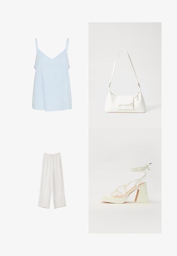 Blå och vit randig camisole-top med tunna axelremmar, med en V-ringning och en lös, flödande form. Mjuk tygtextur.; Vita vida byxor i vid passform gjorda av ett lättviktsmaterial. Har en elastisk midja med dragsko och sidofickor. Slät textur.; Vit högklackad sandal med en kraftig klack, med ett remdesign och ankelband. Slät textur med en plattform framtill för ökad höjd.; Vit syntetisk handväska med triangulär form, platt framklaff och rosettdetalj, justerbar rem, slät textur och minimalistisk design.