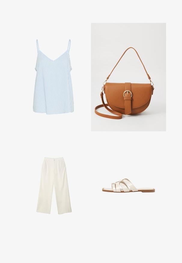 Blå och vit randig camisole-top med tunna axelremmar, med en V-ringning och en lös, flödande form. Mjuk tygtextur.; Breda byxor i krämfärgad tyg med en mjuk yta, med en enda knapp fram, subtila veck och en hög midja design.; Platta sandaler med en brun gummisula, designade med tre överlappande vita läderspännen och en liten rosett i mitten.; Brun läder crossbody-väska med en böjd form, gyllene detaljer och en spänneaccent. Har en avtagbar axelrem.