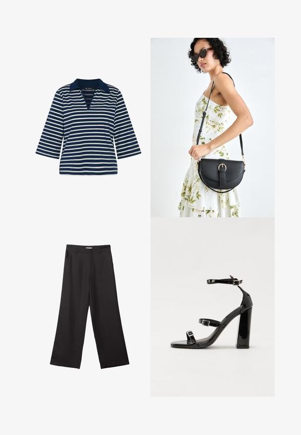 Maglione a righe blu navy e bianche con colletto, scollatura a V e maniche a tre quarti realizzato in tessuto morbido.; Pantaloni neri a gamba larga realizzati in tessuto liscio, con zip frontale e due tasche laterali, dal taglio sartoriale e design minimalista.; Sandali con tacco in vernice nera, con punta squadrata, cinturini alla caviglia e fibbie in argento. Presentano un tacco a blocco spesso per maggiore stabilità.; Borsa a tracolla nera in pelle con una forma curva, manico rimovibile e accessori dorati. La borsa presenta una patta con un dettaglio a fibbia.