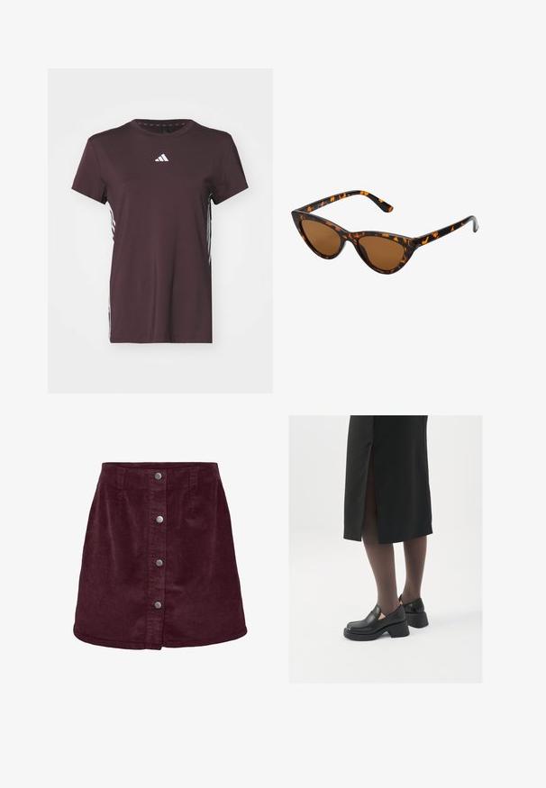 adidas Performance Bluză sport - shadow brown/white; Fustă mini din corduroy bordeaux cu formă în a-line, având cinci nasturi argintii pe față și o textură ușor ribbed.; Pantofi din piele neagră cu vârful rotund, toc bloc gros și accente elastice pe lateral, asortați cu colanți închiși la culoare și o fustă neagră cu o fanta.; Ochelari de soare în stil cat-eye, cu o ramă din material cu tortoiseshell negru și portocalie, lentile maro și vârfuri elegante, ascuțite. Prezintă un logo minimal pe brățara ochelarilor.