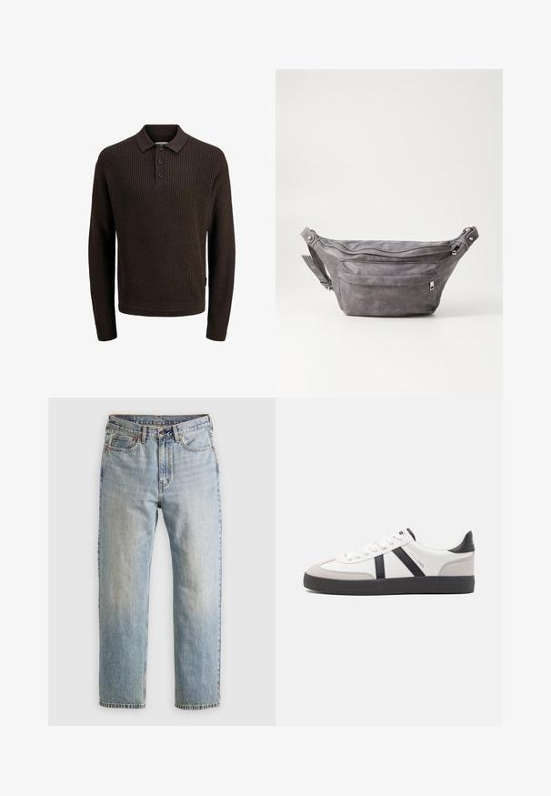 Burgundijas adīta garām piedurknēm polo džemperis ar ribota tekstūra, trīs pogu aizdari un klasisku apkakli.; Gai zila denima bikses ar augstu jostasvietu, priekšējo pogu, rāvējslēdzēju un piecu kabatu dizainu, izlīdzinātas uz neitrāla fona.; Baltas sneakeris ar melniem un pelēkiem akcentiem, kuram ir teksturēts pelēks purngals, melna gumijas zole un plakanas baltas šņores. Tīrs dizains, minimālisma stils.; Pelēks zamšādas jostas somiņa ar noapaļotu formu, divām kabatām ar rāvējslēdzējiem un regulējamu siksnu. Iekļauj metāla aksesuārus.