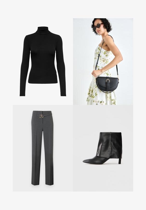Black long-sleeve turtleneck top made from ribbed fabric; fitted design with a high neck, smooth texture, and no visible patterns or accents.; Dark gray tailored women's trousers with straight legs and a thin matching belt featuring a gold-tone buckle.; Black leather mid-calf boot with pointed toe, folded upper shaft, and slender low heel standing on white background.; Black leather handbag with a curved shape, detachable strap, and gold hardware. The bag features a flap with a buckle detail.